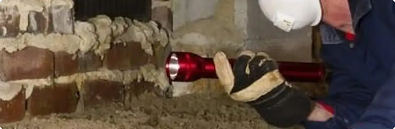 Pest control technician inspecting a crawl space for ant activity in Slingerlands, NY