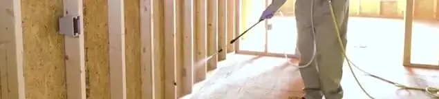 Termite treatment technician applying spray along framing and unfinished walls in Albany, NY