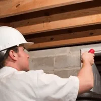 Termite inspection technician checking a basement wall and framing for termite activity in Albany, NY