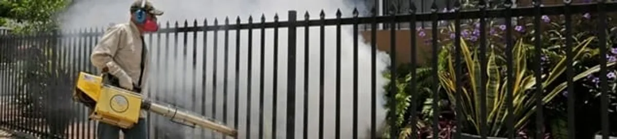 Mosquito control technician fogging a yard perimeter for mosquito reduction in Albany, NY